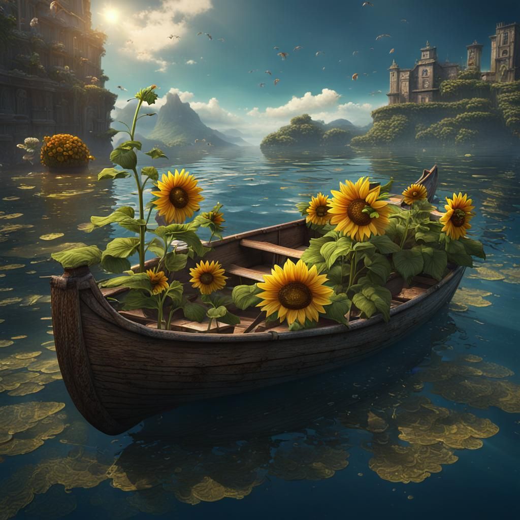 Sunflower on Rowboat, Detailed Matte Painting