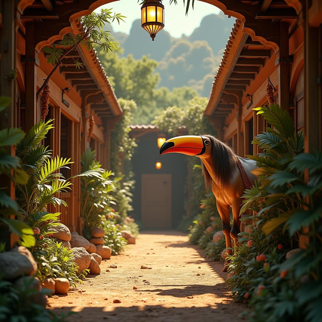 Tropical Horse Stable for Toucan-Headed Horse: 3D Render