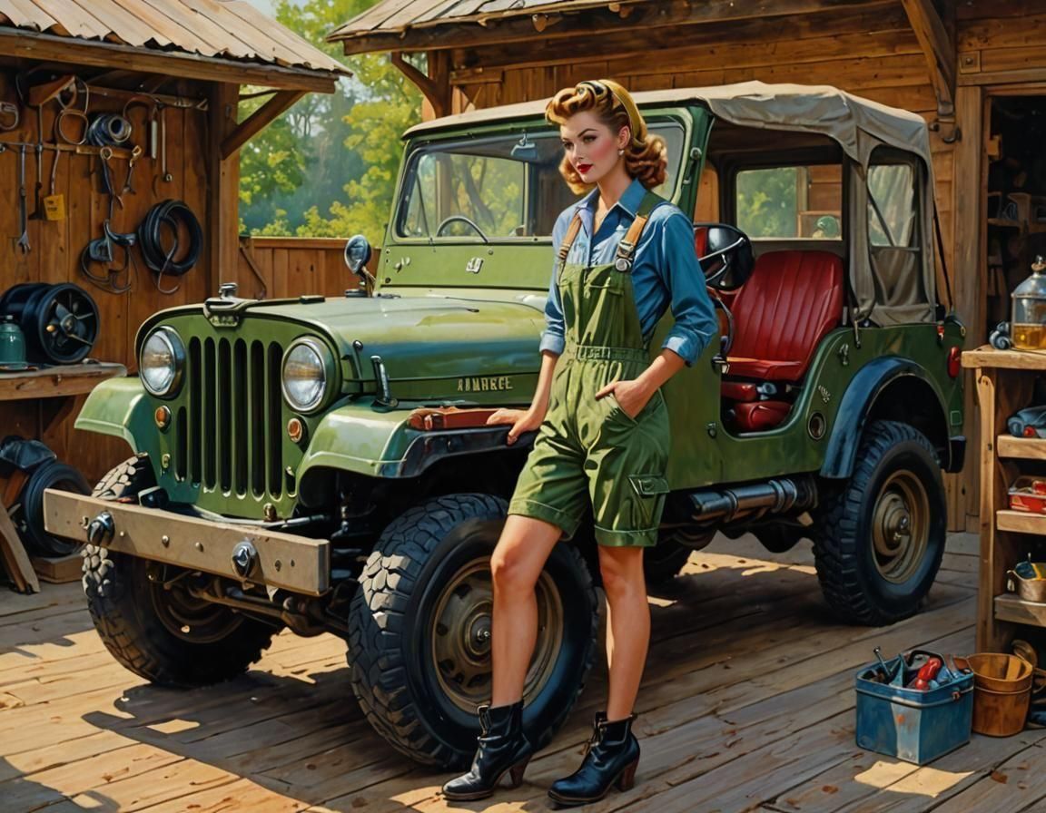 Woman and Jeep: Vintage Pin-Up Oil Painting