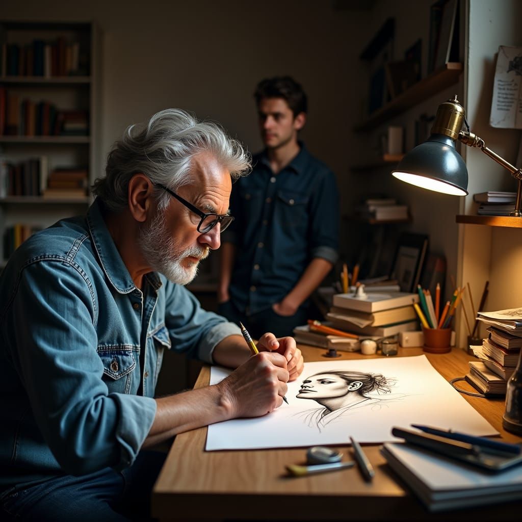 Designer Sketching Portrait in Cozy Studio