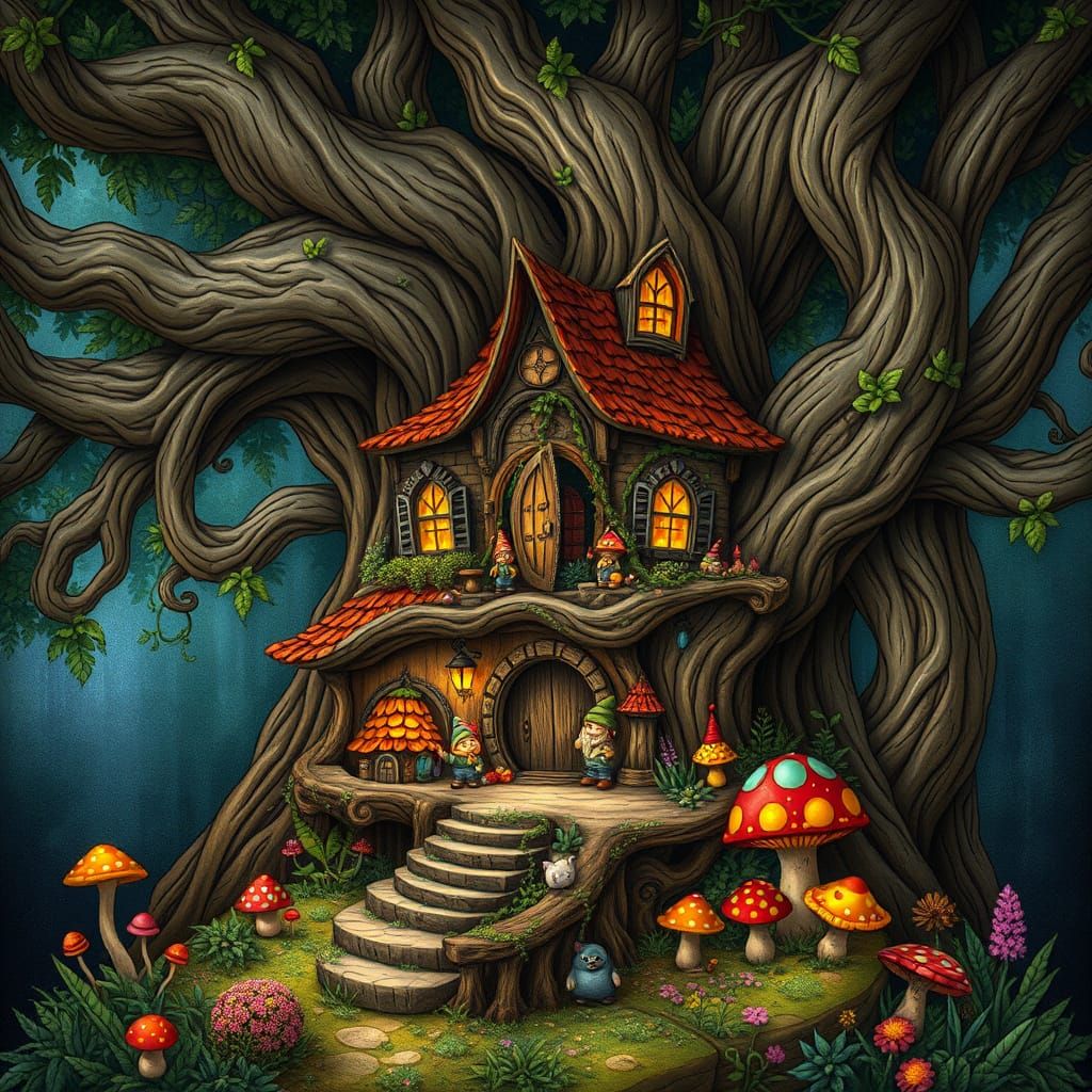 Whimsical Gnome Village in Ancient Tree Canopy