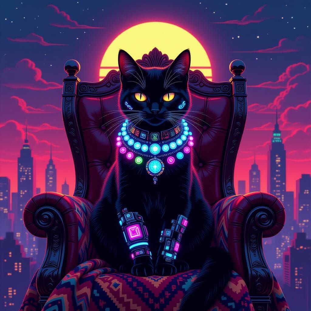 Afrofuturist Cybernetic Cat on Chrome Throne