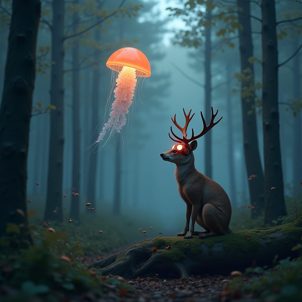Surreal Forest at Twilight with Jellyfish and Raccoon