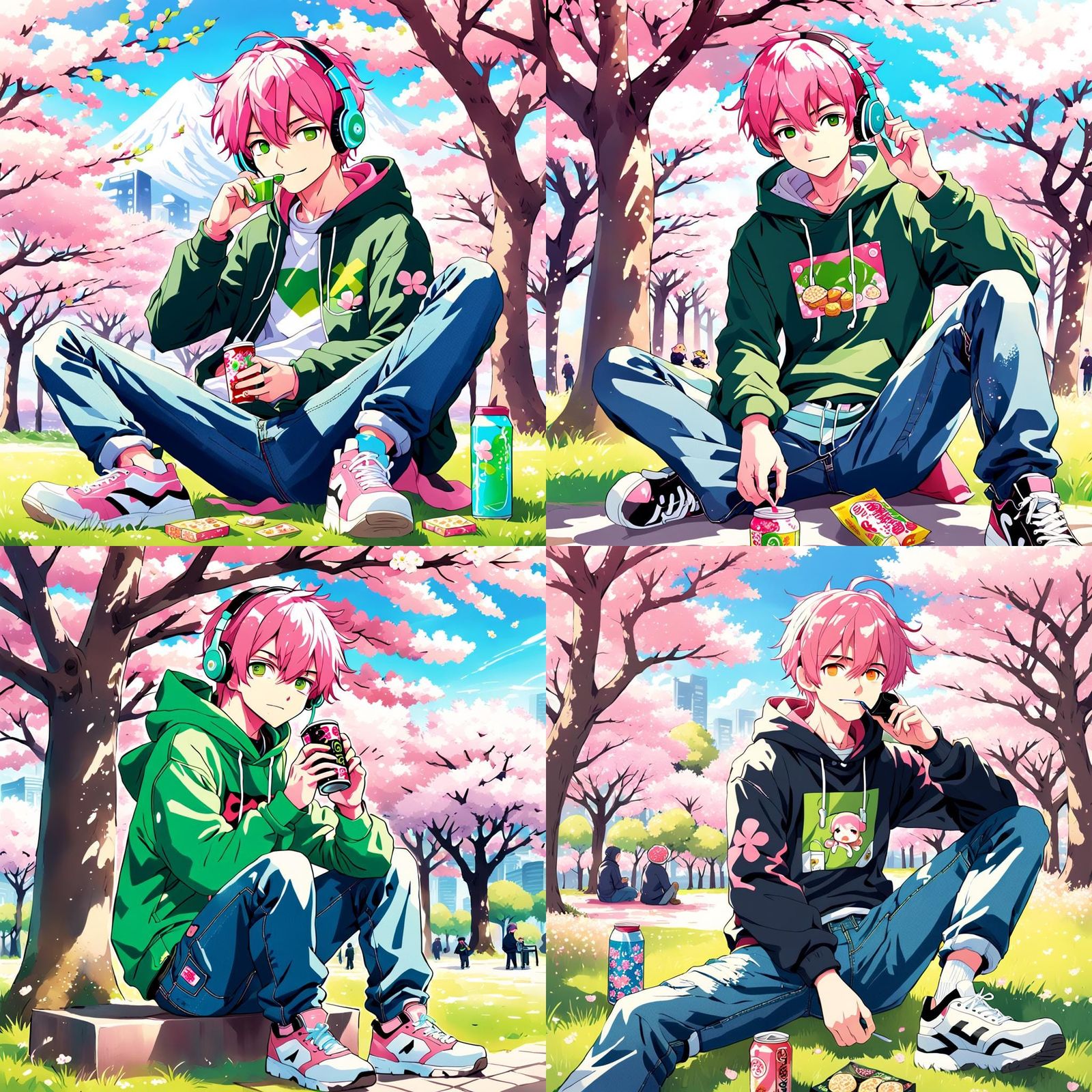 Pink Haired Man Under Sakura Tree: Anime Art