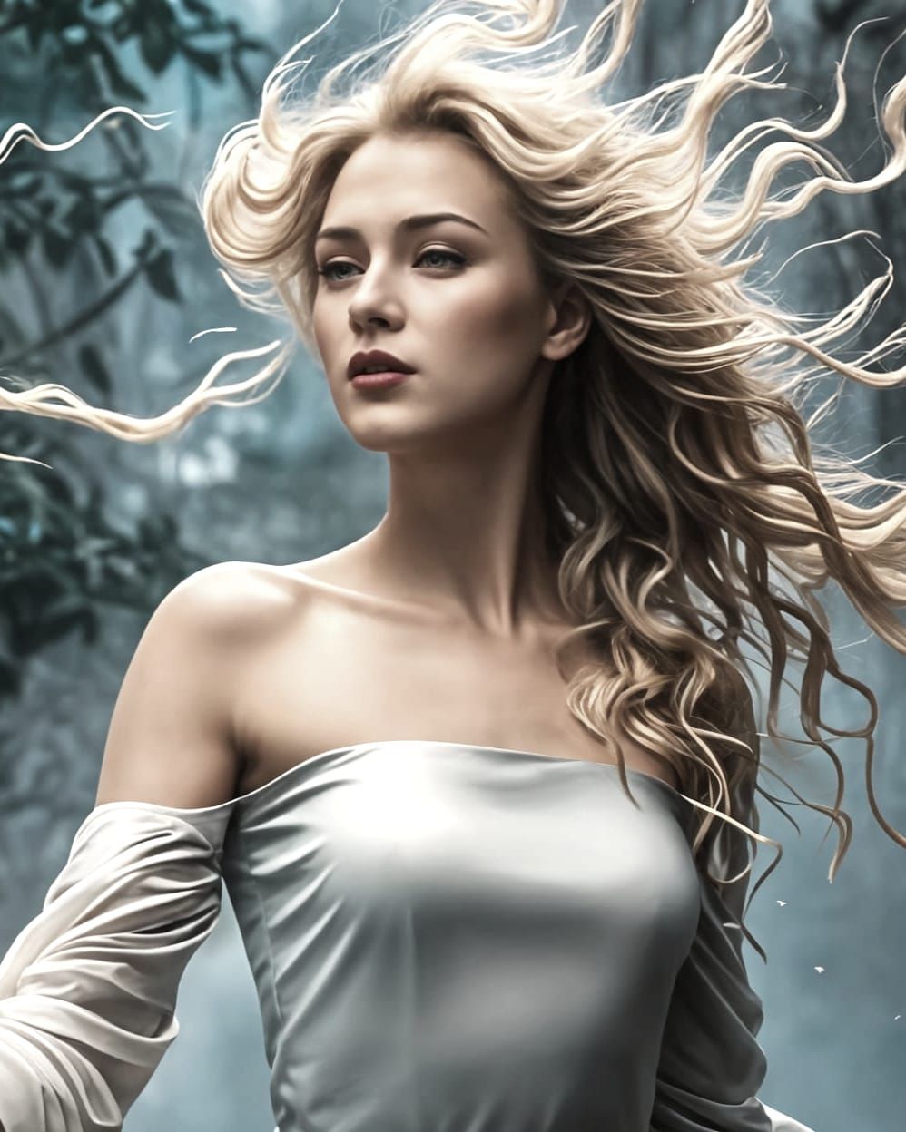 Stunning Blonde Woman Smiles with Bright Blue Eyes and Lusci...