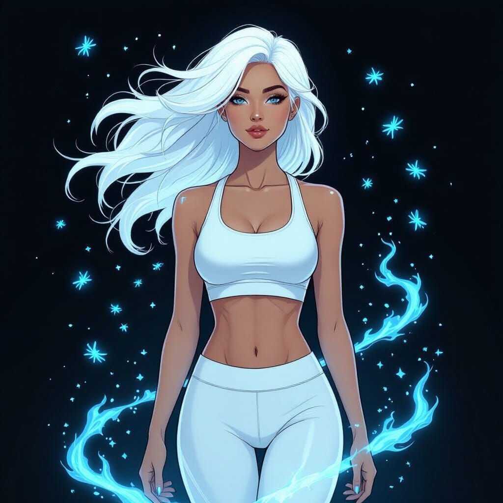 Woman with Glowing White Hair and Fireflies