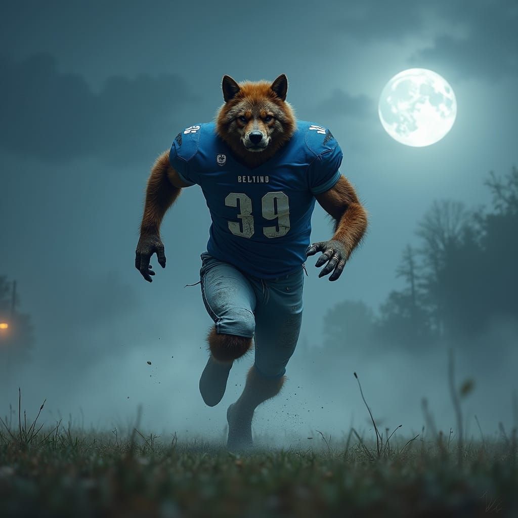 Werewolf Football Player Under Moonlight, Digital Painting