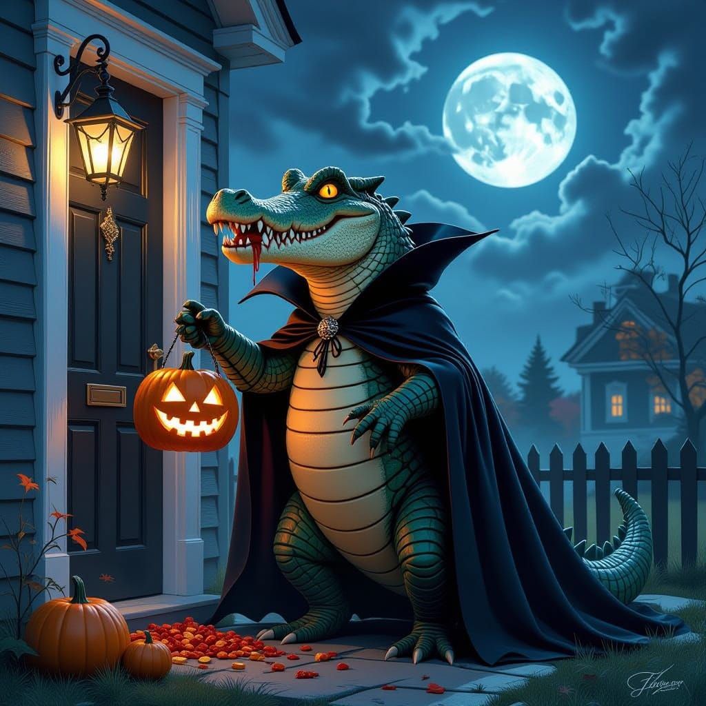 Vampire Crocodile Collects Candy on Halloween Night