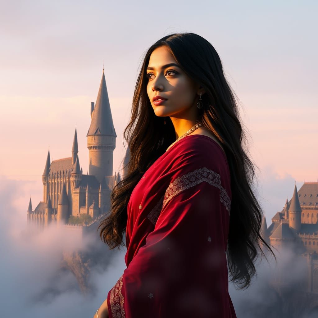 Elegant Young Woman in Burgundy Lahenga with Hogwarts Castle