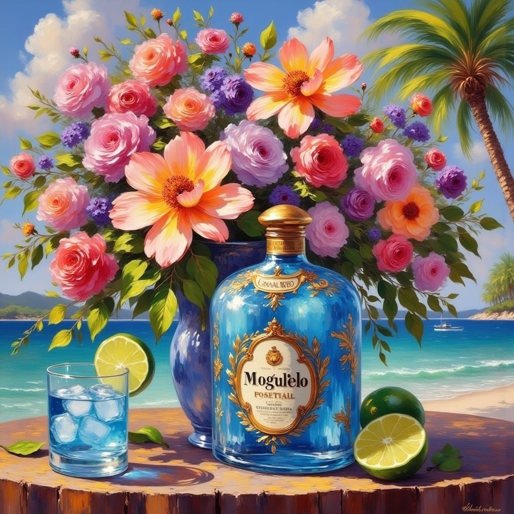 Tropical Alcohol Still Life in Gouache Style