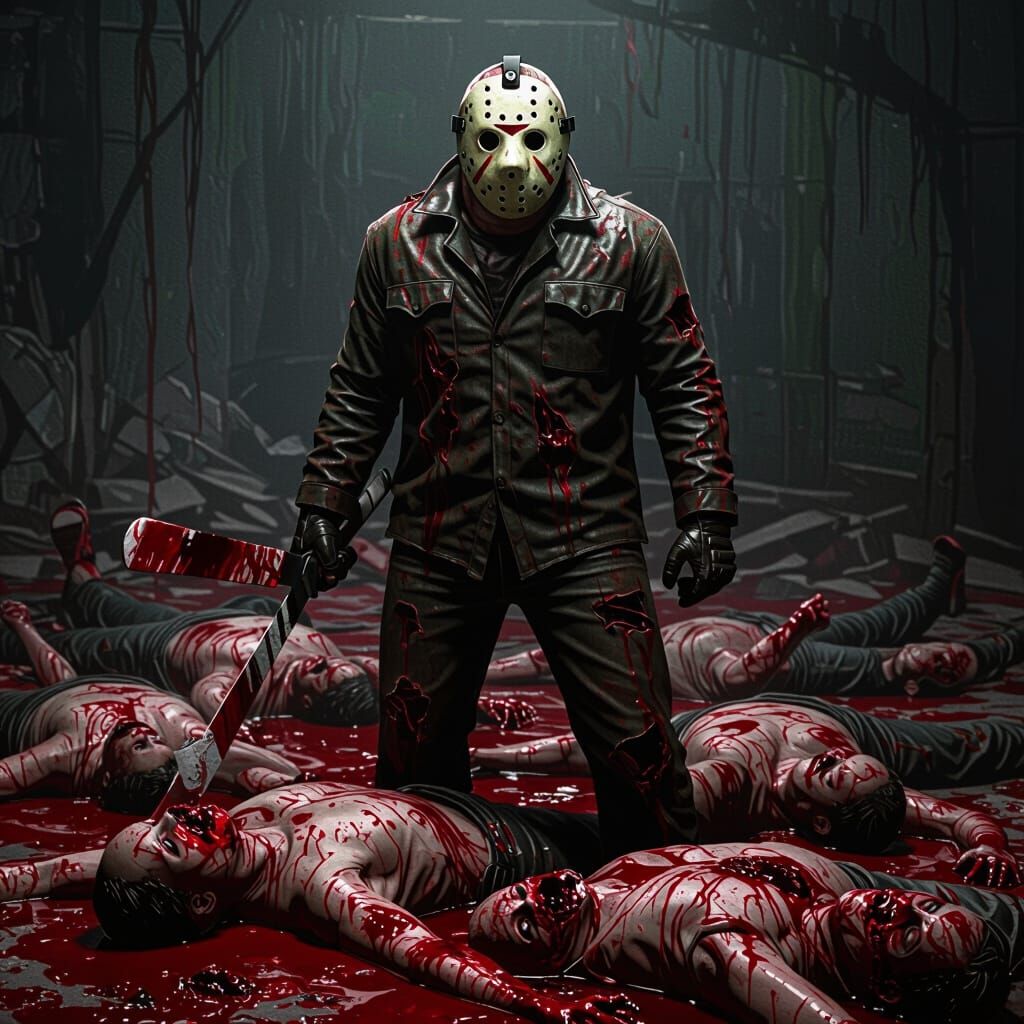 Gruesome Scene with Jason Voorhees and Bloody Bodies