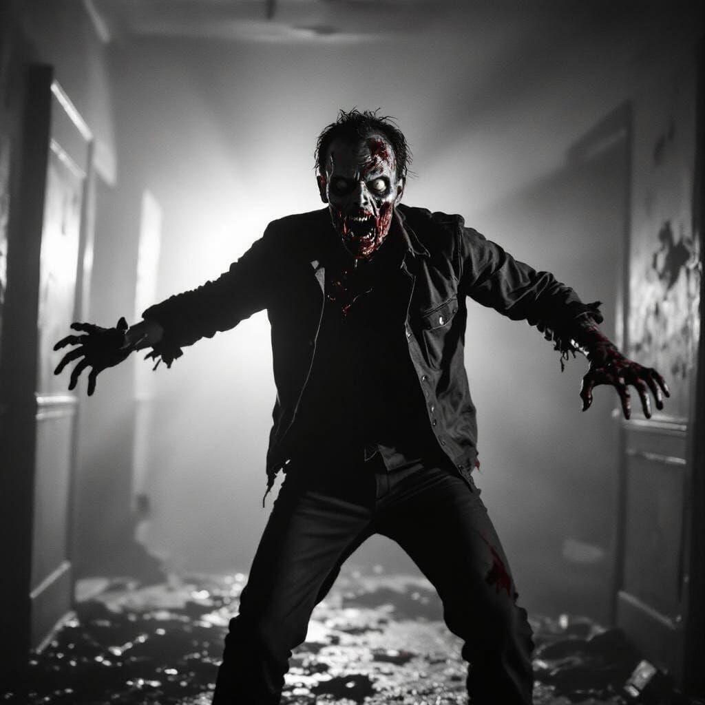 Terrifying Zombie Lunge GIF in Black and White Horror Style