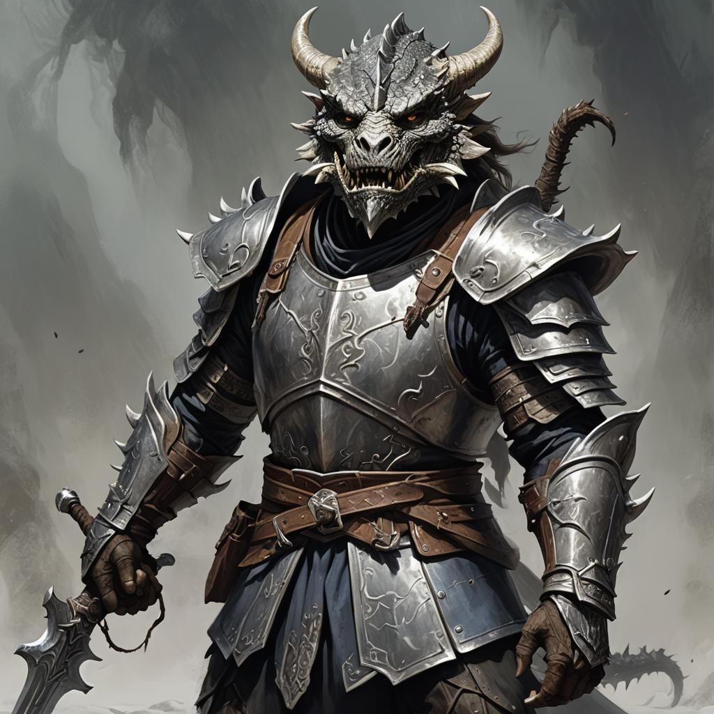 Silver Dragonborn Fighter in Sinister Digital Art