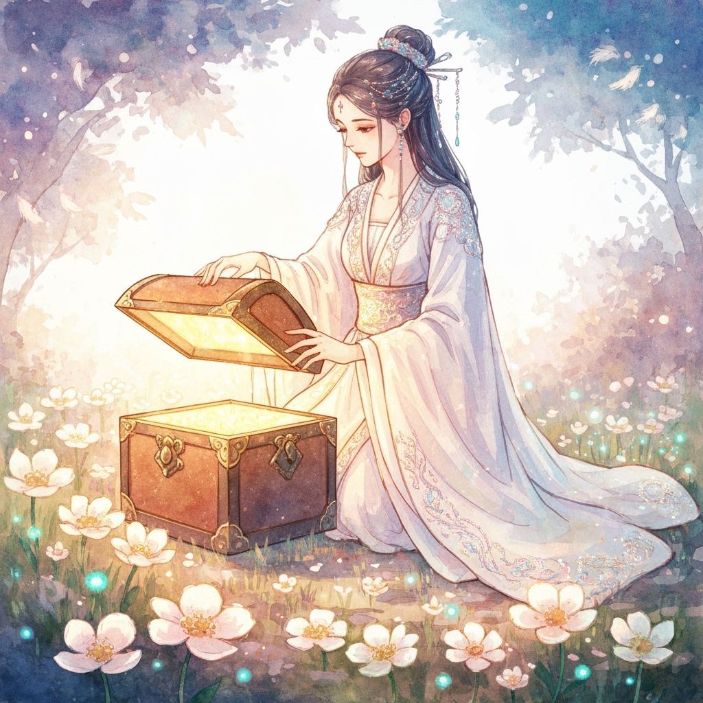 Ethereal Noblewoman Unveiling Glowing Treasure