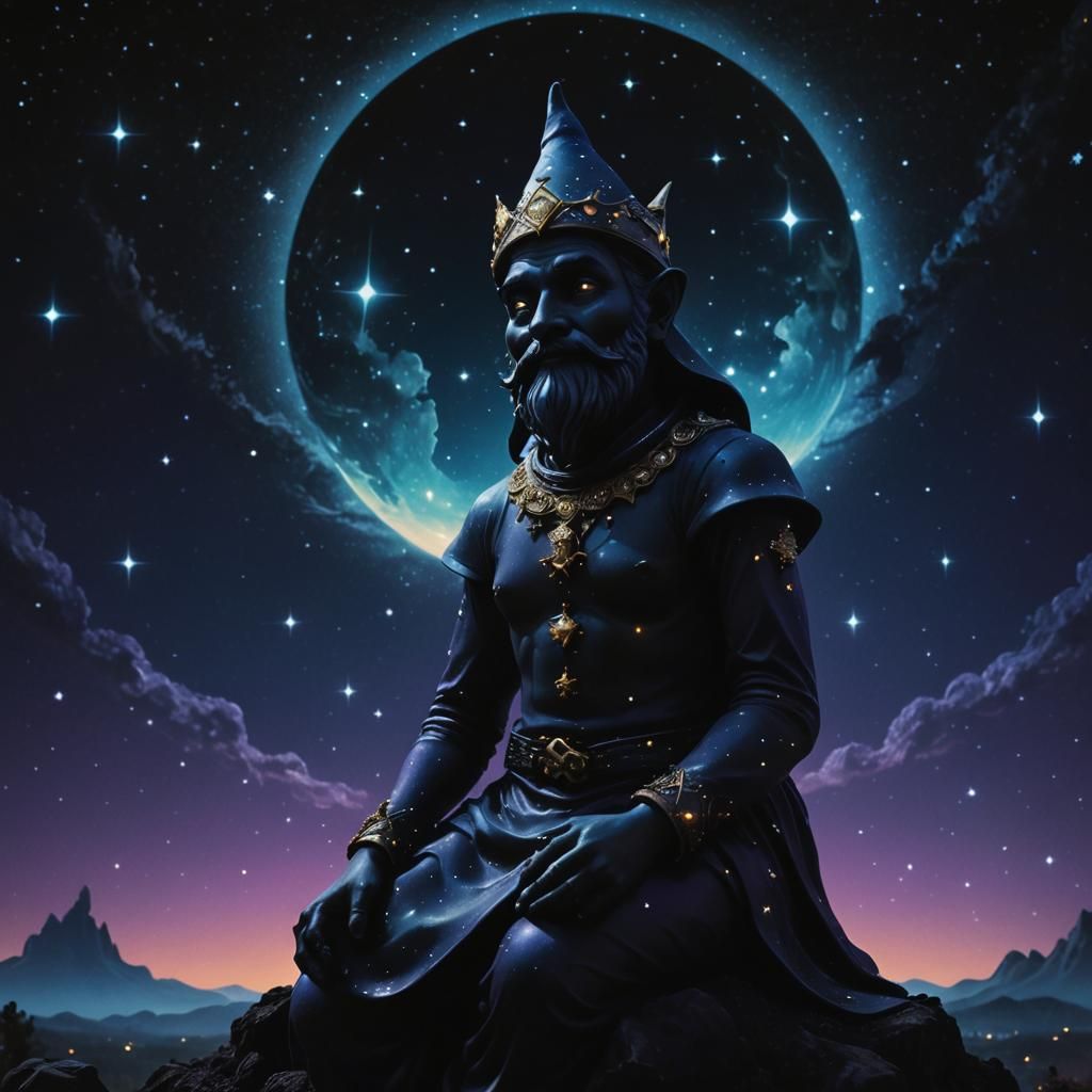 Surreal Black Rubber God in Starry Night Sky