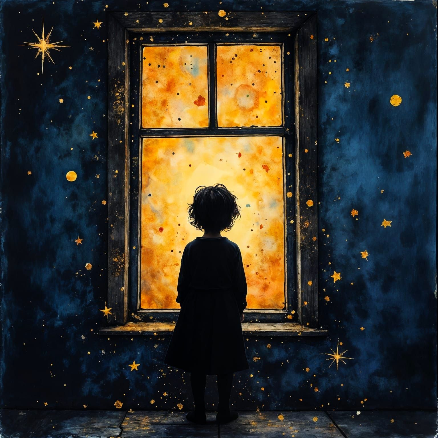 Child Gazes Out Window at Night, Klimt & Rackham Style
