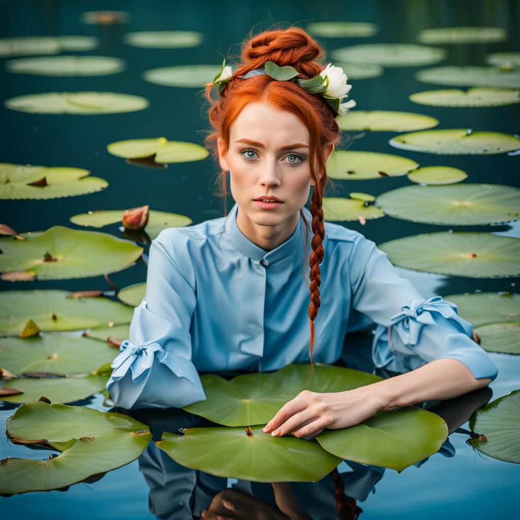 Red-Haired Woman on Water Lily Pads