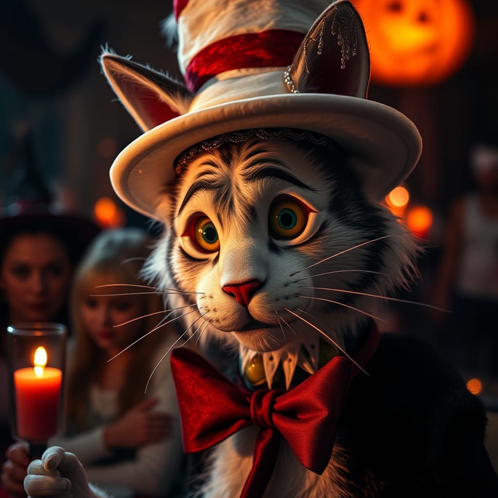Cat in the Hat at Halloween Party: Hyperrealistic Image