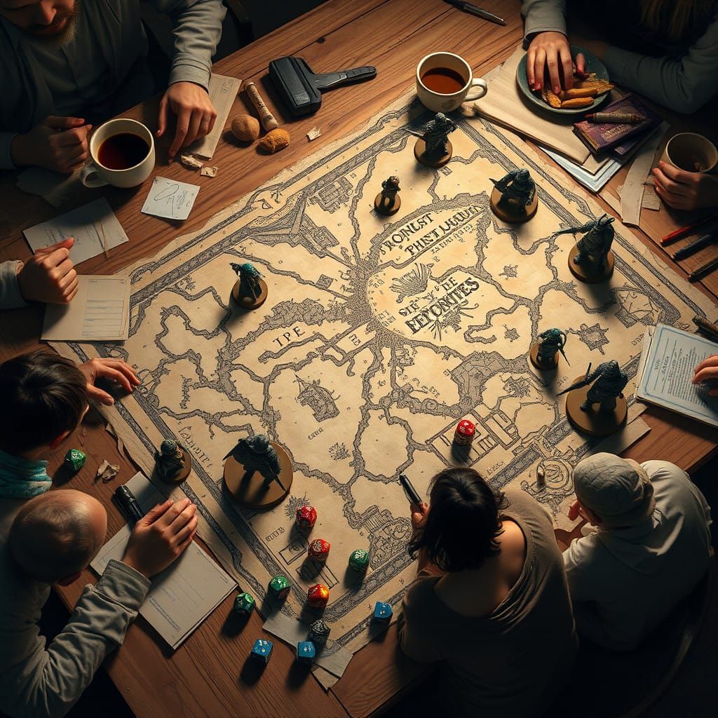 Fantastical Tabletop RPG Gathering in Whimsical Art Style