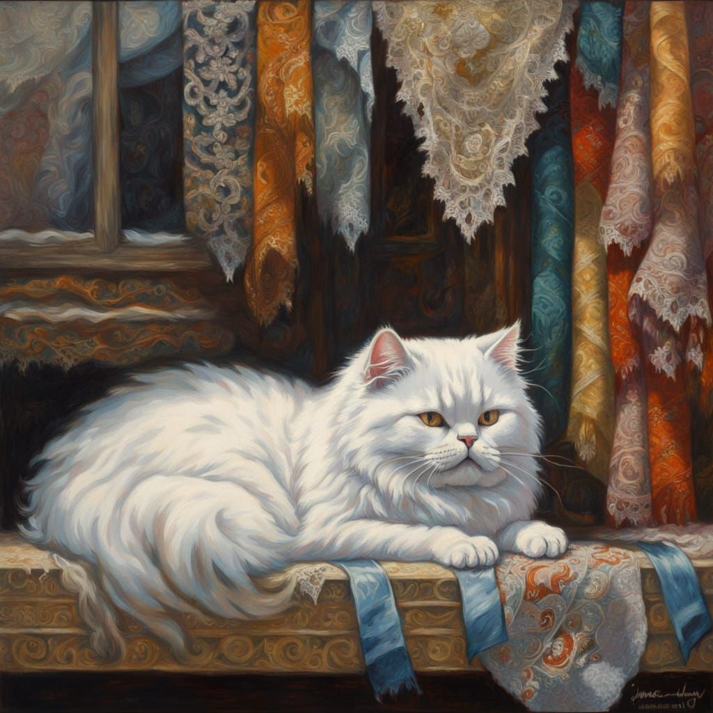 Elegant White Cat in a Ribbons and Lace Shop Window