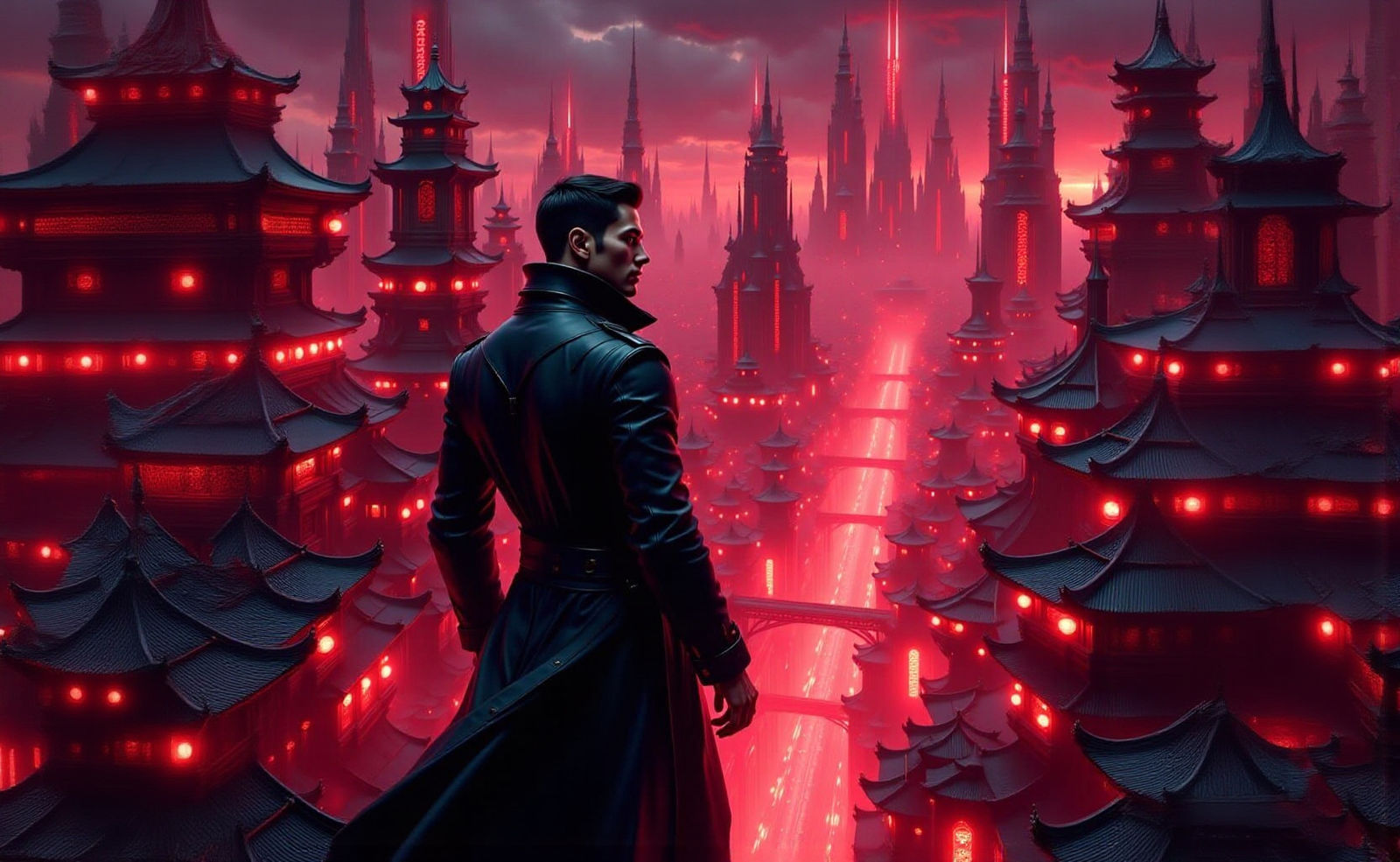 Muscular Man Silhouette Over Futuristic Chinatown