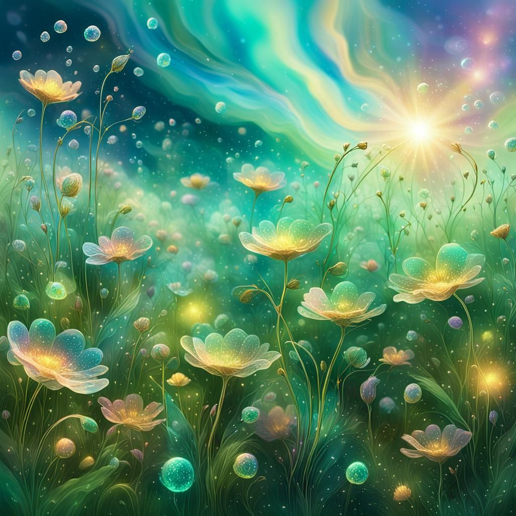 Lush Meadow with Holographic Effects: Astral Cosmic Illustra...