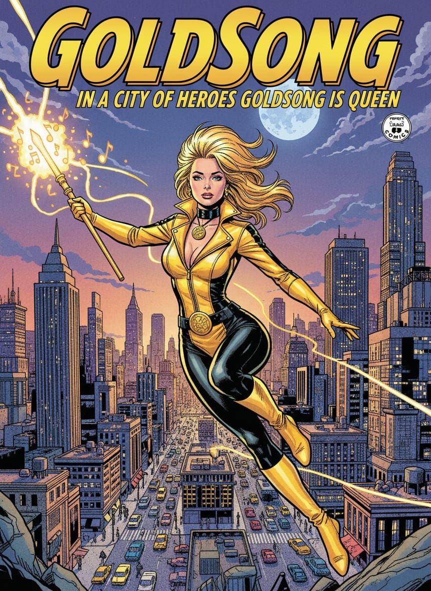 Goldsong Comic Cover: Female Superhero Leaps Over City