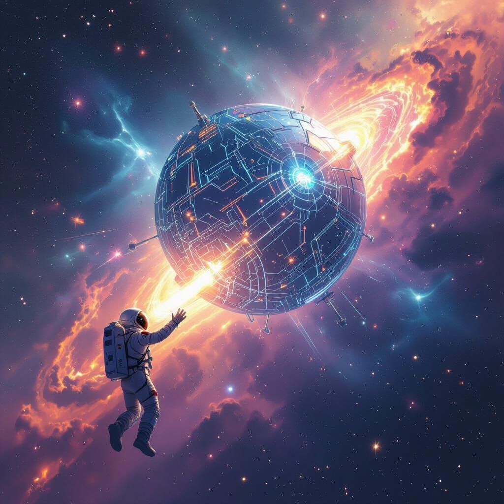 Astronaut Reaches for Crystalline Satellite in Cosmic Nebula