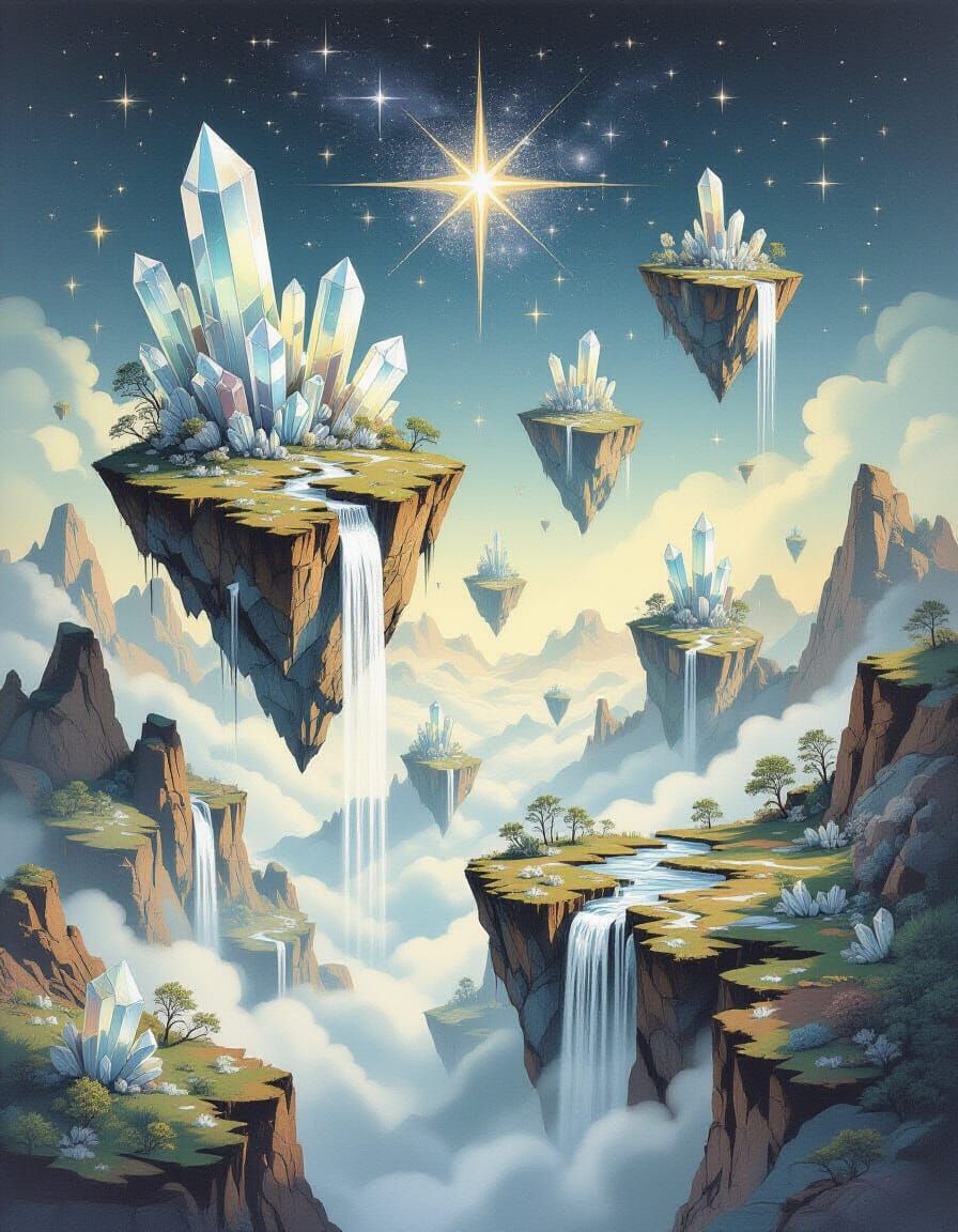 Surreal Floating Islands with Upward Waterfalls
