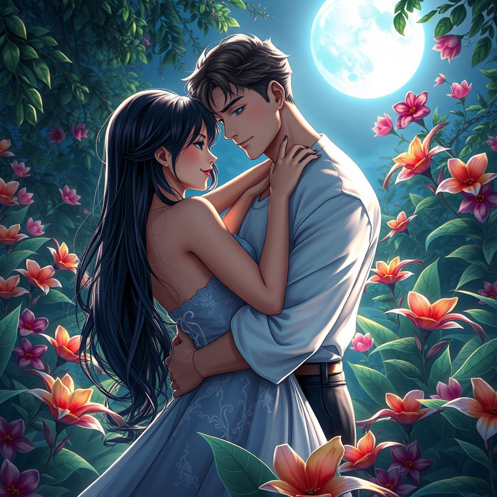 Lovers Embrace in Moonlit Anime Garden