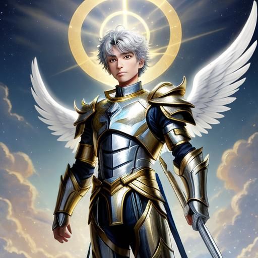 Radiant Angel Boy with Silver Wings in Gold Armor