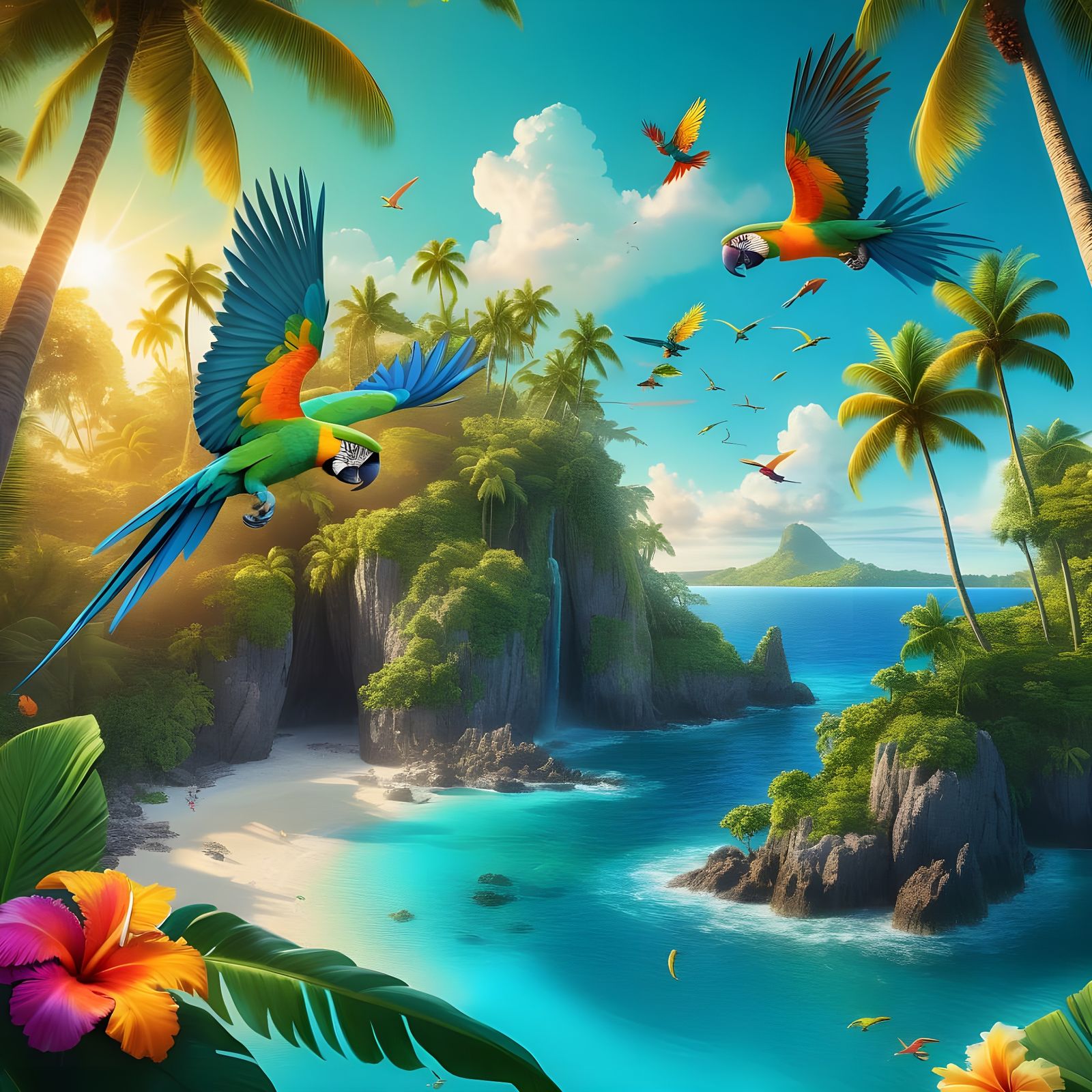 Lush Tropical Island Paradise with Colorful Parrots