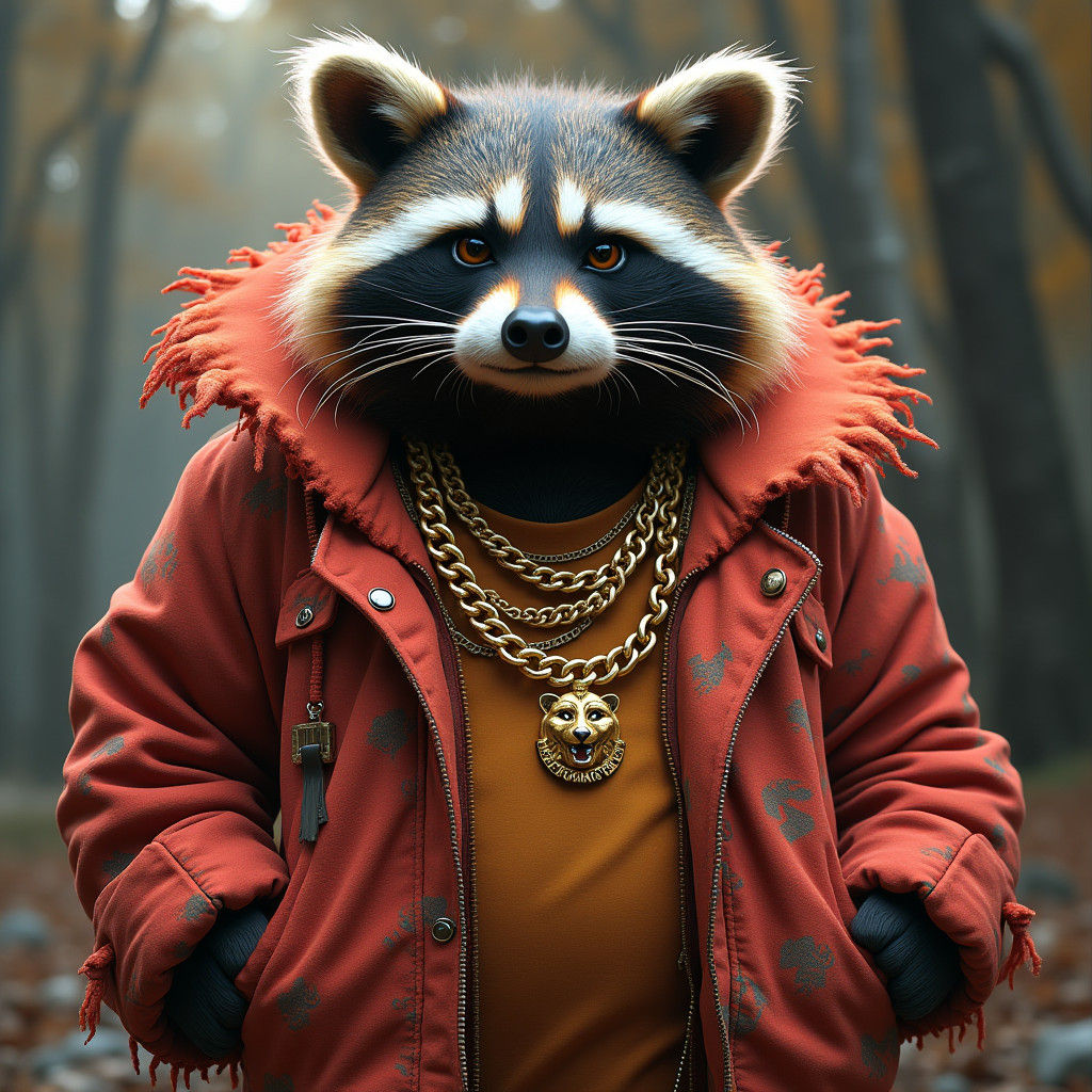 Gangster Raccoon: Hyperrealistic 3D Embroidered Art
