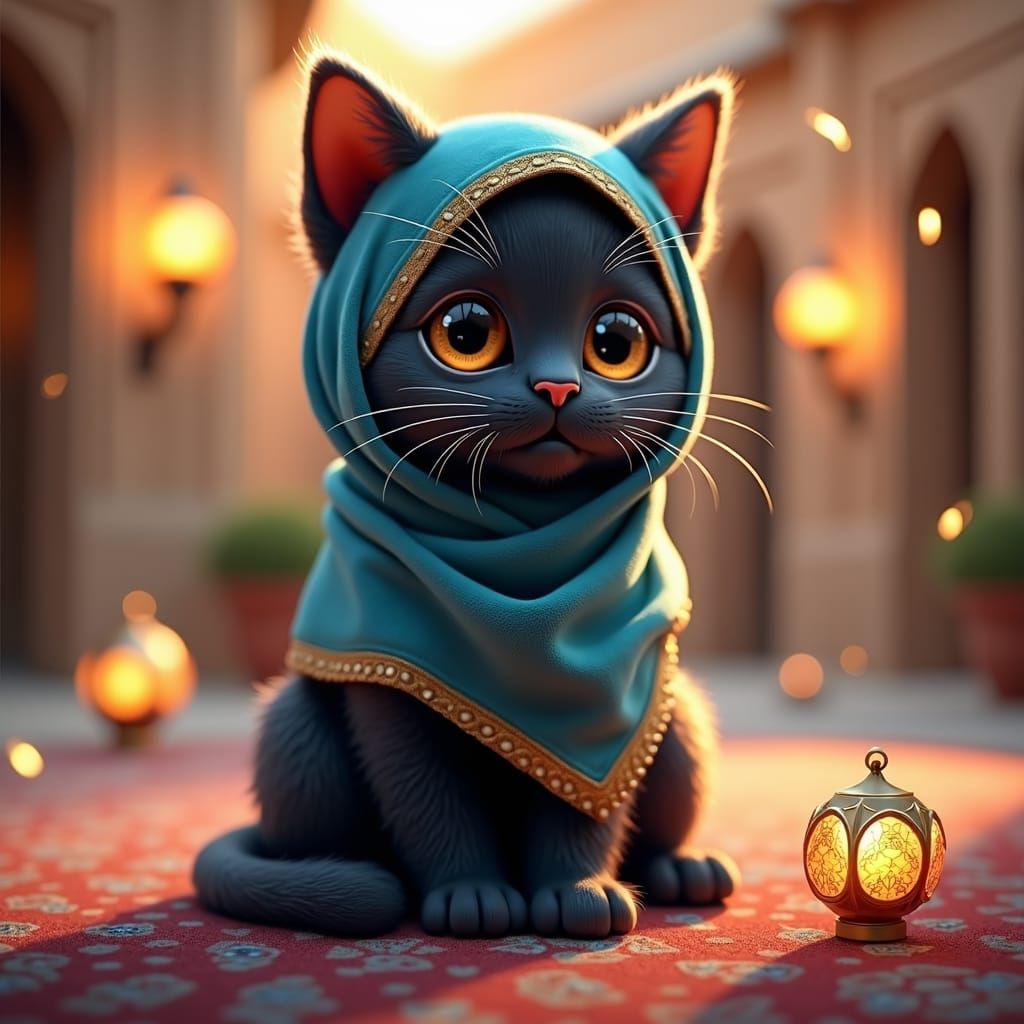 Mystical Black Cat in Hijab with Golden Patterns