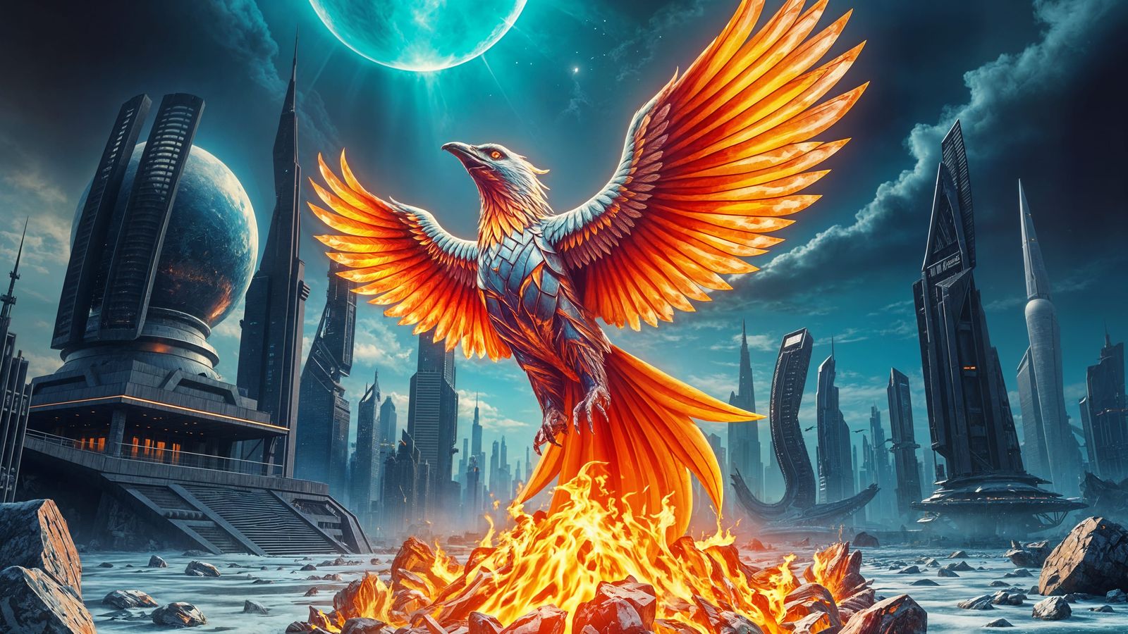 Chrome Phoenix Rising from Futuristic Ashes