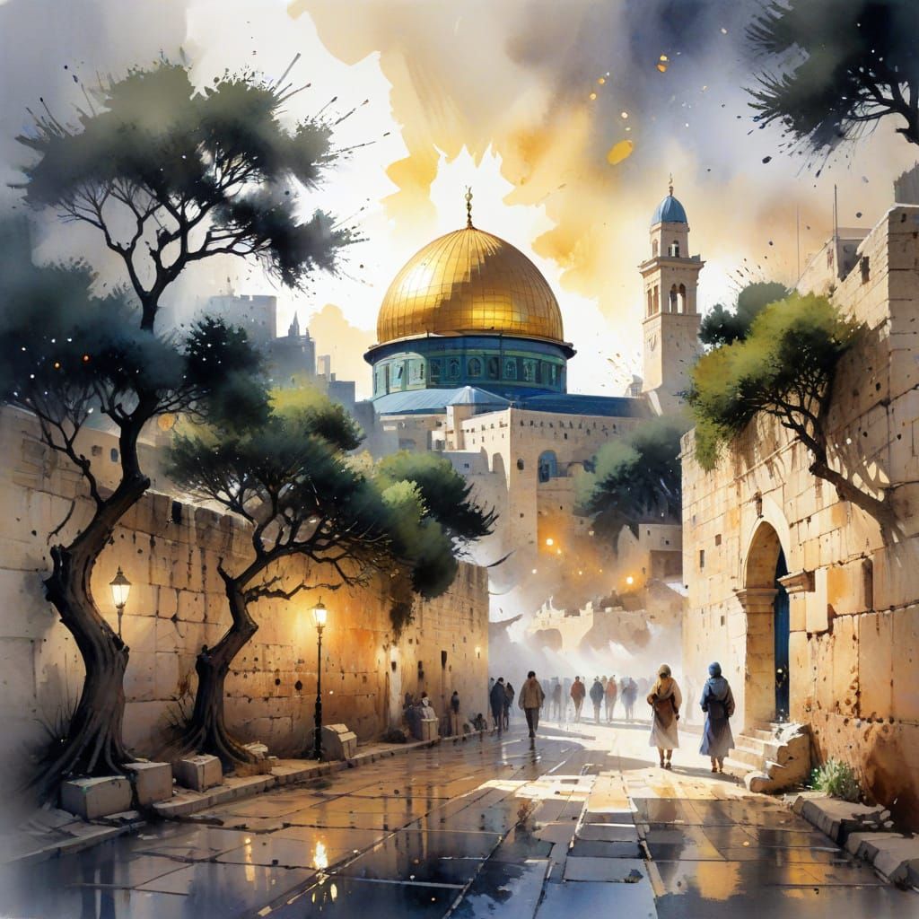 Jerusalem's Dome of the Rock in Watercolour Style