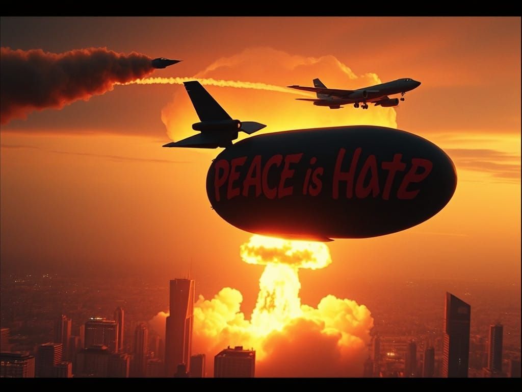 Nuclear Bomb Plummets Towards Cityscape with Ominous Graffit...