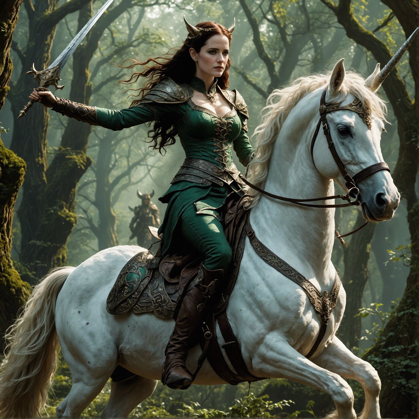 Eva Green as an Elf riding an unicorn