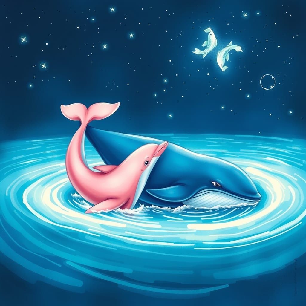 Majestic Blue Whale and Pink Dolphin Dance in Ethereal Ocean...