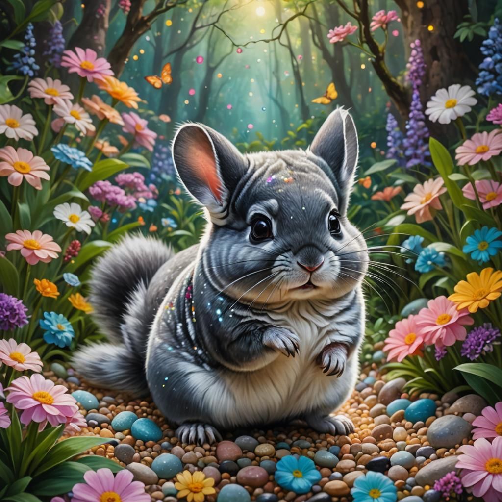 Chinchilla in Enchanted Garden, Oil Painting Style