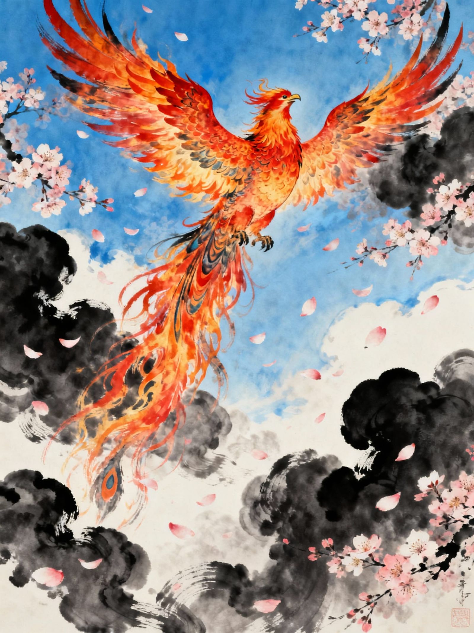 Vibrant Fire Phoenix Tattoo Design in Sumi-E Style