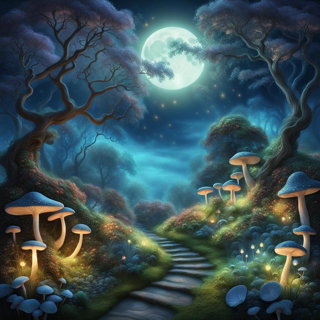 Mystical Glowing Garden Under Moonlight: Matte Painting
