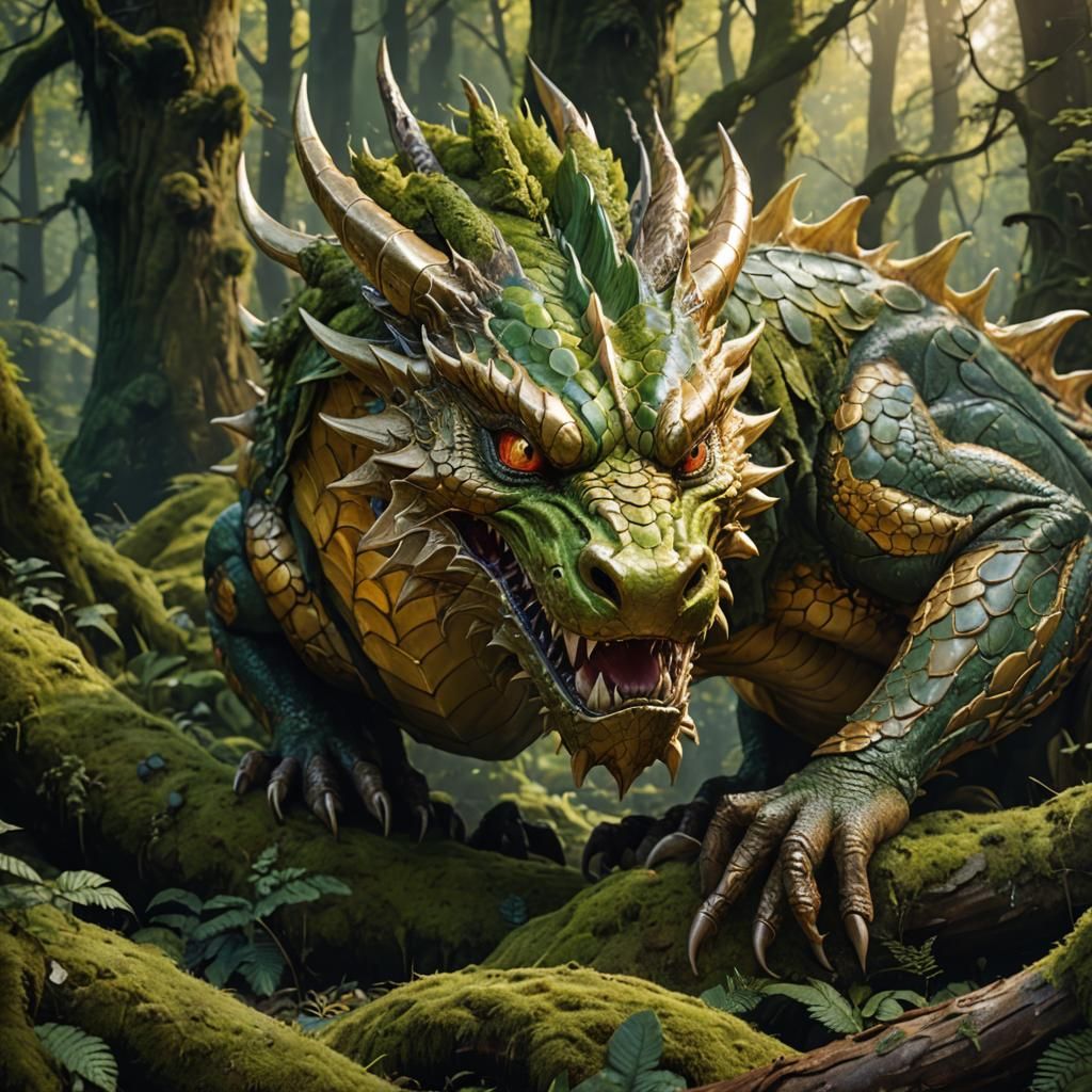 Golden Wood Dragon in Mossy Forest: Hyperrealistic Art