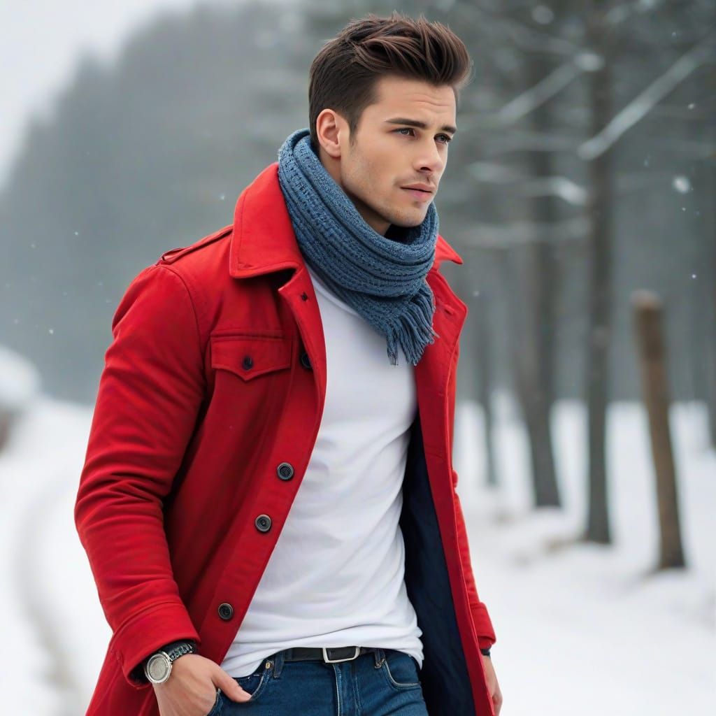 Man in Red Coat with Winter Background