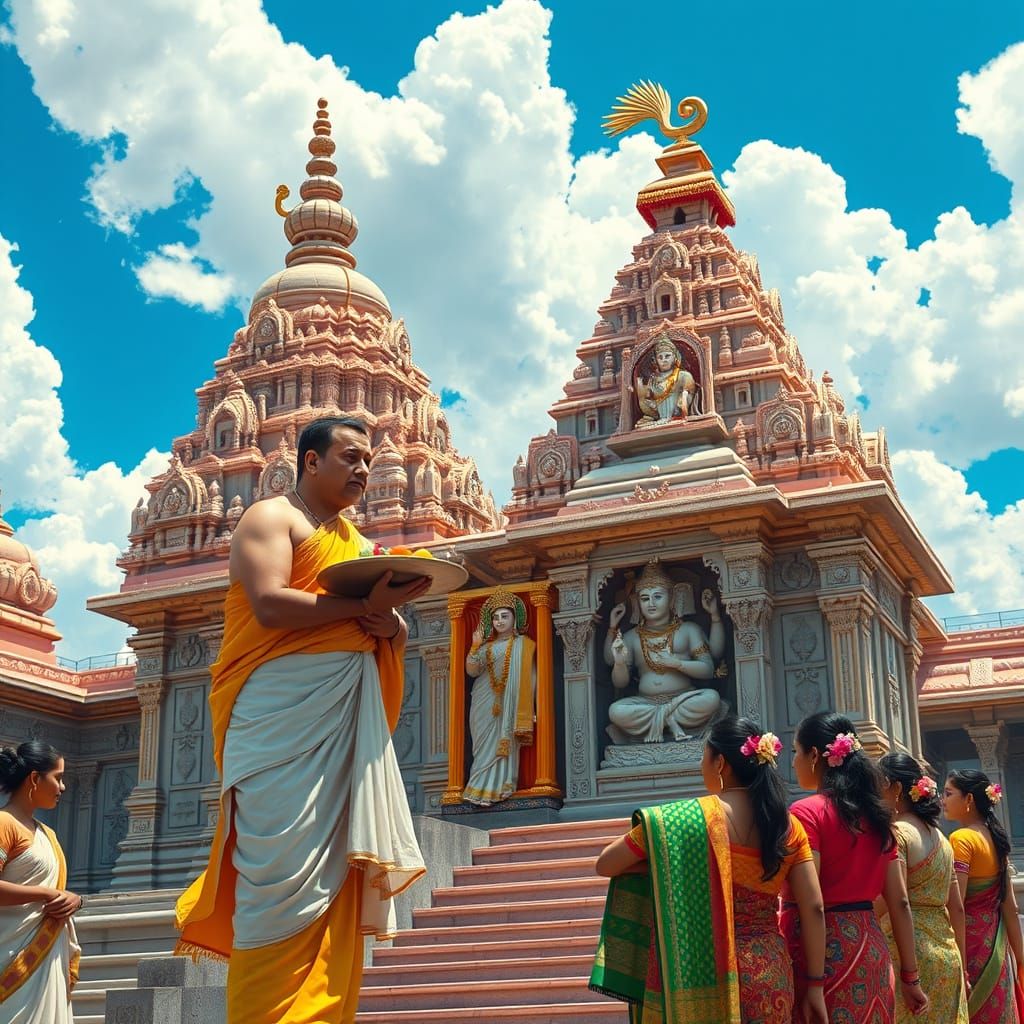 Vibrant Hindu Temple with Priest Blessing Devotees