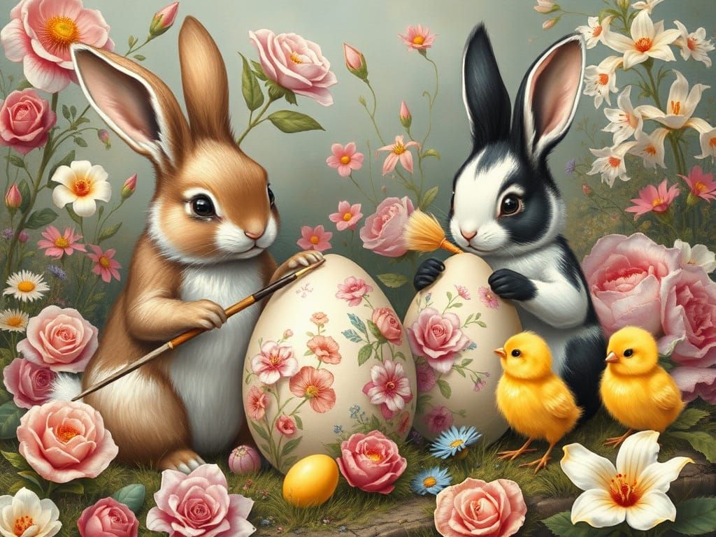 Bunnies and Chicks Painting Easter Eggs in Gouache Style