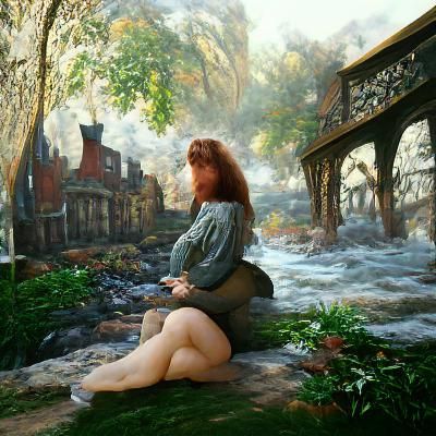 Ethereal Woman on Riverbank in Pre-Raphaelite Style