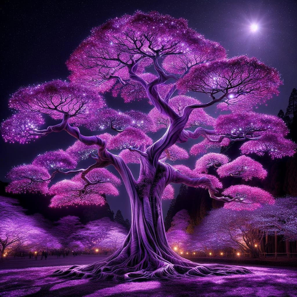 Ethereal Purple Tree Glows Under Moonlight