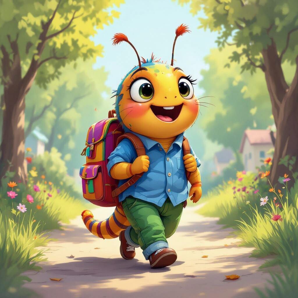 Whimsical Caterpillar's Joyful Walk to School