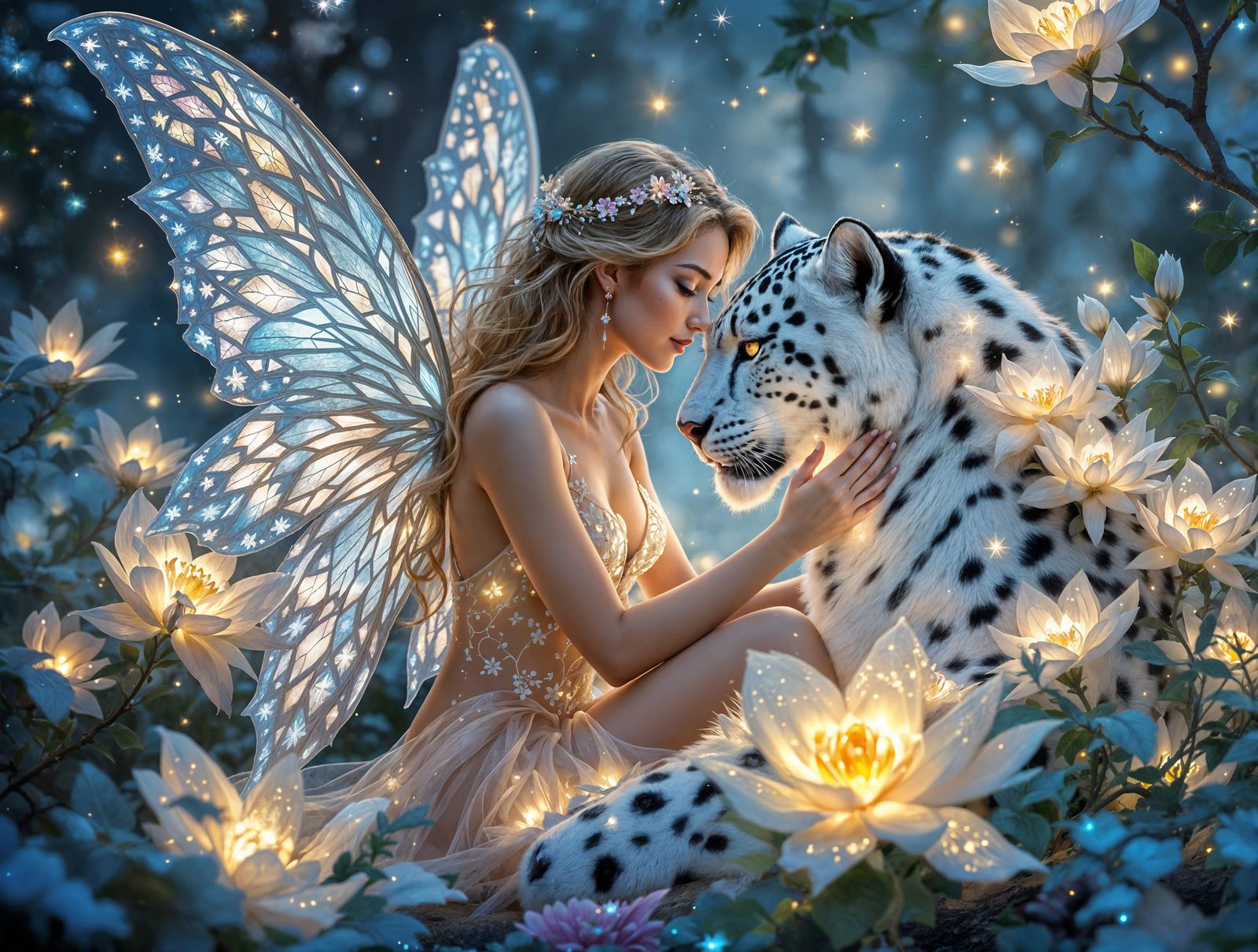 Fairy and Snow Leopard in Luminous Forest